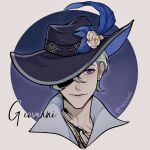  1boy argyle_clothes argyle_hat artist_name black_hat blue_hat border brown_border camellia character_name chest_tattoo chinese_commentary closed_mouth collarbone collared_shirt commentary_request cropped_shoulders diamond_earrings earrings flower giovanni_(infinity_nikki) grey_hair grey_shirt hair_between_eyes hat hat_feather hat_flower highres infinity_nikki jeebywang jewelry lips male_focus neck_tattoo nikki_(series) one_eye_covered outline outside_border purple_background purple_eyes round_border shirt short_hair smile solo stud_earrings tattoo two-sided_fabric two-sided_headwear white_flower white_outline 