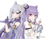  2girls asiri_senpai black_ribbon blue_eyes braid clothing_cutout crossover dress flower genshin_impact gloves grey_hair hair_cones hair_flower hair_ornament hair_ribbon highres holding holding_sword holding_tablet_pc holding_weapon hololive hololive_indonesia keqing_(genshin_impact) long_hair looking_at_viewer multiple_girls parted_lips purple_dress purple_eyes purple_gloves purple_hair ribbon smile sword tablet_pc twintails twitter_username upper_body vestia_zeta weapon white_background 