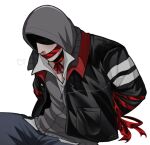  1boy alex_mercer arms_behind_back black_jacket bound bound_wrists breath divan_molchun feet_out_of_frame gagged grey_hoodie head_down highres hood hood_up hoodie jacket male_focus partially_shaded_face prototype_(game) shirt slouching solo tied_up_(nonsexual) white_shirt 