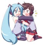  androgynous bare_shoulders black_sleeves blue_eyes blue_hair blush blush_stickers borrowed_character commission detached_sleeves drawpile_(medium) grey_shirt hair_between_eyes hatsune_miku headphones headset hug long_hair necktie negiwave2000 one_eye_closed open_mouth original shirt simple_background skirt sleeveless sleeveless_shirt smile twintails very_long_hair vocaloid 