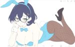  1girl alternate_costume animal_ear_hairband animal_ears arm_under_breasts armpit_crease art_program_in_frame bare_shoulders black_hair black_shoes blue_archive blue_bow blue_bowtie blue_hairband blue_leotard blush bow bowtie breasts brown_pantyhose chihiro_(blue_archive) cleavage closed_mouth commentary curvy detached_collar eyelashes fake_animal_ears fake_tail fishnet_pantyhose fishnets flat_color frown full_body green_eyes hair_between_eyes hair_ornament hairband hand_on_own_cheek hand_on_own_face hand_up high_heels highleg highleg_leotard highres ibispaint_(medium) large_breasts leotard looking_at_viewer lying on_stomach pantyhose playboy_bunny rabbit_ears rabbit_hair_ornament rabbit_tail shoes short_hair simple_background strapless strapless_leotard symbol-only_commentary tail the_pose thighs wa_sumi white_background white_wrist_cuffs wrist_cuffs 