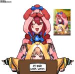  2girls absurdres ahoge artist_name blaparky blue_fire blue_hair bobby_(elizabeth_rose_bloodflame) brown_hair capelet colored_inner_hair commentary elizabeth_rose_bloodflame english_commentary eyebrows_hidden_by_hair fire fire_on_chest gigi_murin grem_(gigi_murin) highres holding_another&#039;s_arm hololive hololive_english hood hood_up hooded_capelet long_hair looking_at_viewer multicolored_hair multiple_girls one_eye_closed outstretched_arms pink_capelet pink_eyes red_eyes red_hair short_hair simple_background twitter_username two-tone_hair very_long_hair white_background yellow_capelet 