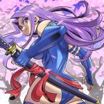  1girl blue_leotard breasts cherry_blossoms commentary english_commentary holding holding_sword holding_weapon katana large_breasts leotard long_hair marvel portrait psylocke purple_eyes purple_hair signature solo sunafuki_tabito superhero_costume sword weapon x-men 