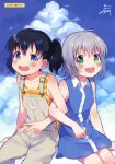  2girls absurdres ahoge artist_name bangs black_hair blue_dress blush brown_overalls cloud cloudy_sky collared_dress dress eyebrows_visible_through_hair fuji_fujino green_eyes grey_hair highres kuraue_hinata locked_arms looking_at_viewer multiple_girls open_mouth overalls purple_eyes scan seiza shirt short_hair sitting sky sleeveless sleeveless_dress sleeveless_shirt striped striped_shirt twintails v yama_no_susume yukimura_aoi 