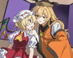  2girls ascot blonde_hair commentary_request crystal_wings detached_sleeves fang flandre_scarlet hair_between_eyes hand_on_another&#039;s_chin hat highres long_hair long_sleeves looking_at_viewer matara_okina medium_hair mob_cap multiple_girls open_mouth orange_eyes orange_tabard parted_lips red_eyes red_skirt red_vest shirt short_sleeves skirt smile tabard touhou uehara_suiyo vampire vest white_shirt wings yellow_ascot 