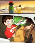 2025 2_panel_comic accessory ambiguous_gender artist_name arzy_parzy ash_ketchum big_breasts blush bodily_fluids breasts butt clothing collared_shirt cosplay dark_hair driving embarrassed emma_(pokemon) female feral fingerless_gloves gardevoir generation_1_pokemon generation_3_pokemon gloves green_hair group hair hair_accessory handwear hat headgear headwear hi_res human humanoid jacket leaning_on_table looking_at_viewer male male/female mammal medium_truck nintendo not_furry_focus on_lap outside outside_view pikachu pokemon pokemon_(species) pokemon_legends_z-a poketoon polo_shirt shirt sitting_on_another sitting_on_lap smug steering_wheel sweat text tomorrow_with_gardevoir topwear truck van vehicle white_body white_skin yugo&#039;s_gardevoir yugo_(pokemon)
