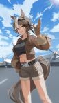  1girl abs absurdres aircraft airplane animal_ears black_shirt blue_sky breasts brown_eyes brown_fur brown_gloves brown_hair brown_jacket brown_shorts cloud cloudy_sky commission crop_top cropped_legs day gloves hair_between_eyes hand_on_own_hip highres horse_ears horse_girl horse_tail jacket kagemoe1003 large_breasts long_sleeves multicolored_hair navel open_mouth outdoors runway second-party_source shirt short_hair shorts skeb_commission sky smile solo standing tail tomoe_umari v-dere virtual_youtuber waving white_hair 