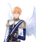  1boy angel angel_wings arch_(king&#039;s_raid) artist_request belt black_belt black_gloves blonde_hair blue_eyes blue_sash blue_shirt commentary_request english_commentary epaulettes feathered_wings fringe_trim gloves gold_trim highres idol idol_clothes king&#039;s_raid korean_commentary microphone mixed-language_commentary multicolored_shirt official_alternate_costume official_art sash second-party_source shirt short_hair shoulder_sash simple_background smile solo striped_sash white_background white_sash white_shirt white_wings wings 