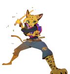 3_toes action_pose anthro arnis belt bottomwear clothing denim denim_bottomwear denim_clothing digital_drawing_(artwork) digital_media_(artwork) feet felid feline female fur green_eyes holding_object holding_weapon jeans jersey long_sleeves looking_at_viewer mammal markings motion_blur pants pawpads pepper_(ruffu) pointy_ears pose ruffu shirt simple_background solo spots spotted_body spotted_fur striped_markings stripes toes topwear torn_bottomwear torn_clothing torn_jeans torn_pants weapon
