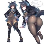  1girl absurdres ahoge animal_ear_fluff animal_ears argyle_clothes argyle_shirt argyle_thighhighs ass black_bodystocking black_hair black_shrug blush bodystocking bodysuit borrowed_character breasts cameltoe checkered_thighhighs chest_belt commission covered_navel detached_pants feet gradient_eyes hair_ribbon hands_on_own_hips highres impossible_bodysuit impossible_clothes long_hair long_sleeves looking_at_viewer multicolored_eyes natsukaze_shigure no_shoes original presenting presenting_ass red_eyes ribbon see-through_bodystocking shrug_(clothing) simple_background skeb_commission small_breasts standing svartlilja_(vrchat) tail vrchat wolf_ears wolf_girl wolf_tail 