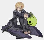  1girl absurdres anaizzzen black_coat black_dress blonde_hair blue_eyes bright_pupils coat commentary_request dress english_commentary gem gem_hair_ornament hair_ornament highres interlocked_fingers knees_up looking_to_the_side mask oosuzuki_kurara own_hands_together red_gemstone short_hair simple_background sitting solo the_hundred_line_-last_defense_academy- unworn_coat unworn_mask white_background white_pupils 