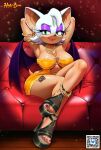 anklet anthro areola areola_slip armlet bat breasts chain_necklace cleavage clothed clothing colored_nails crossed_legs diamond_tattoo ear_piercing ear_ring eyelashes eyeshadow feet female footwear furniture gold_(metal) gold_jewelry green_eyes hair half-closed_eyes hands_behind_head hi_res high-bear high_heels humanoid_feet jewelry lipstick makeup mammal markings mole_(marking) nails narrowed_eyes navel necklace no_bra o-ring_dress on_sofa pendant piercing plantigrade platform_footwear platform_heels pose purple_eyeshadow qr_code ring_piercing rouge_the_bat sega shoes skimpy smile sofa solo sonic_the_hedgehog_(series) sparkles tan_areola tan_body tan_inner_ear tattoo white_hair white_head