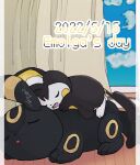  ambiguous_gender black_body black_fur cloud curtains curtains_open dated duo eeveelution emolga english_text feral fur hi_res lying markings niapolitain nintendo on_front pok&eacute;mon pok&eacute;mon_(species) signature sleeping text umbreon video_games white_body white_fur yellow_markings 