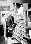  2boys blank_speech_bubble cd cd_case classicaloid coat commentary_request greyscale highres holding_cd looking_at_viewer ludwig_van_beethoven_(classicaloid) messy_hair monochrome multiple_boys octahooves parted_lips record_store shelf shirt shoes shop shopping_basket short_hair speech_bubble vinyl_record 
