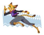 3_toes action_pose anthro bottomwear bracelet butt clothing collar denim denim_bottomwear denim_clothing digital_drawing_(artwork) digital_media_(artwork) digitigrade ear_piercing ear_ring facial_markings fangs feet felid feline female fur gesture green_eyes hand_gesture head_markings head_tuft jeans jersey jewelry long_sleeves long_tail looking_aside mammal markings midair pants pawpads pepper_(ruffu) piercing pointing pointing_up pointy_ears pose ring_piercing ruffu shirt simple_background smile solo spots spotted_body spotted_fur striped_markings stripes tail teeth toes topwear torn_bottomwear torn_clothing torn_jeans torn_pants tuft yellow_body yellow_fur