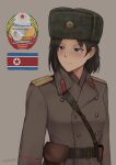  1girl absurdres artist_name belt black_belt black_hair blush brown_coat buttons coat cold_war collar_tabs double-breasted emblem english_commentary frown green_hat grey_background grey_eyes grzegorz1996 hat highres holster korean_people&#039;s_army looking_to_the_side military military_rank_insignia military_uniform north_korea north_korean_flag original sam_browne_belt shoulder_boards simple_background solo trench_coat upper_body ushanka 