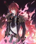  1boy absurdres ascot aylar bangs black_coat black_pants closed_mouth coat diluc_(genshin_impact) epaulettes fire genshin_impact gloves greatsword hair_between_eyes highres long_hair long_sleeves looking_at_viewer male_focus pants red_eyes red_hair solo sword twitter_username vision_(genshin_impact) weapon weapon_on_back wolf&#039;s_gravestone_(genshin_impact) 