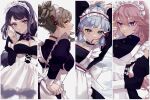  4girls absurdres apron bangs blue_eyes blue_hair blunt_bangs brown_eyes brown_hair dress frills fruct0se_fa genshin_impact hair_between_eyes half-closed_eyes highres kamisato_ayaka maid maid_apron maid_headdress multiple_girls pink_hair ponytail purple_eyes purple_hair raiden_shogun sidelocks yae_miko yoimiya_(genshin_impact) 