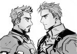  2boys arc_reactor armor avengers_(series) bodysuit captain_america closed_mouth facial_hair full_armor greyscale highres iron_man kacha0404 looking_at_another male_focus marvel monochrome multiple_boys power_armor short_hair simple_background star_(symbol) steve_rogers superhero_costume tony_stark upper_body v-shaped_eyebrows 