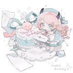  1girl blue_eyes blue_hat blue_shoes blue_skirt blush_stickers bow bowtie cake chibi chibi_only closed_mouth food full_body gougoumianbao hair_ornament hairclip happy_birthday hat highres holding holding_letter letter long_hair long_sleeves looking_at_viewer original parallel_hairclips pink_bow pink_bowtie pink_hair shirt shoes simple_background skirt socks solo standing striped_bow striped_bowtie striped_clothes white_background white_shirt white_socks 