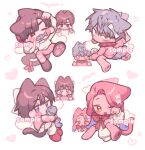  2boys 2girls alien_stage alternate_costume animal_ear_piercing animal_ears black_eyes black_hair bow bowtie cat_ears cat_girl cat_tail chocorocotan collar commentary deformed english_commentary fang fish_in_mouth green_eyes grey_hair hair_bow ivan_(alien_stage) mizi_(alien_stage) multiple_boys multiple_girls pants paw_pose paw_shoes pink_hair pink_pants purple_eyes red_bow red_bowtie red_pupils sample_watermark short_hair spiked_collar spikes sua_(alien_stage) tail till_(alien_stage) watermark white_bow yarn yarn_ball yellow_eyes 