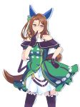  1girl absurdres animal_ears bare_shoulders black_gloves black_thighhighs blush bow breasts brown_eyes brown_hair buttons double-breasted dress ear_bow ear_covers ear_ribbon frilled_thighhighs frills gloves green_bow green_dress hair_between_eyes highres hinokey_(hinokey0126) horse_ears horse_girl horse_tail king_halo_(king_of_emeralds)_(umamusume) king_halo_(umamusume) long_hair looking_at_viewer medium_breasts off-shoulder_dress off_shoulder open_mouth red_eyes simple_background smile solo tail thighhighs umamusume white_background 