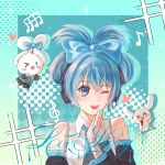  &gt;_&lt; 1girl aqua_border argyle_background artist_name bare_shoulders black_sleeves blue_background blue_bow blue_eyes blue_hair blue_nails blue_necktie border bow chinese_commentary cinnamiku cinnamoroll collared_shirt commentary_request commission cosplay crossed_bangs detached_sleeves double_bun drop_shadow ertanglige eyelashes fuwa_fuwa_cinnamoroll gradient_border hair_between_eyes hair_bow hair_bun hair_ornament halftone hand_on_own_chin happy hatsune_miku hatsune_miku_(cosplay) headphones heart high_ponytail highres holding holding_microphone lace-trimmed_shirt lace_trim large_bow light_particles long_sleeves looking_at_viewer microphone music musical_note nail_polish necktie one_eye_closed open_mouth ponytail sanrio shirt short_ponytail singing sleeveless sleeveless_shirt smile sparkle split_ponytail teeth treble_clef updo upper_body upper_teeth_only vertical-striped_background vocaloid white_shirt wide_sleeves 