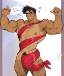  1boy abs arms_up bara biceps broad_shoulders brown_hair bulge cowboy_shot english_text facial_hair goatee groin heart highres large_bulge large_pectorals male_focus meme muscular muscular_male nipples nude_guy_wrapped_in_ribbons_standing_(meme) original pectorals pubic_hair red_ribbon ribbon ribbon_around_body signature smirk solo speech_bubble spiked_hair striped_blush tan tanlines thick_arms thick_eyebrows thick_thighs thighs uleez v-taper veins veiny_arms yellow_eyes 