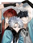  3boys black_eyes blue_eyes blue_haori blush fate/grand_order fate_(series) fingerless_gloves gloves grey_hair hair_intakes haori harada_sanosuke_(fate) headband heart_arms heart_arms_trio japanese_clothes kimono long_hair looking_at_viewer male_focus momoka_(abc_momoka0718) multiple_boys nagakura_shinpachi_(fate) ponytail red_hair shinsengumi shinsengumi_(fate) short_hair smile sweatdrop toudou_heisuke_(fate) upper_body 