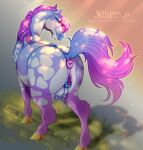 animal_genitalia animal_vulva anus blue_body blue_tail blue_vulva bodily_fluids equid equine equine_anus equine_genitalia equine_vulva eyelashes female female_feral feral genital_fluids genitals gradient_background grass hi_res horse huskii-s looking_at_viewer mammal mane narrowed_eyes orange_eyes plant presenting presenting_anus presenting_vulva purple_anus purple_body purple_mane purple_tail simple_background solo tail teats vaginal_fluids vulva white_body