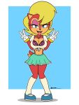 3:4 alternative_fashion blonde_hair bottomwear bra breasts cleavage clothed clothing female fur gesture gyaru hair hand_gesture hi_res j-fashion low_cut_shirt red_body red_fur sally_acorn sega silvers_rings skirt solo sonic_the_hedgehog_(series) underwear v_sign