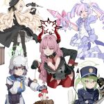  5girls ahoge black_coat black_pantyhose blonde_hair blue_archive breasts cleavage closed_mouth coat coin demon_horns dress gloves green_eyes green_hair green_halo grin halo hat helmet highres holding holding_pendulum holding_rocket_launcher holding_weapon holed_coin horns hoshiya_takahito large_breasts leaning_forward long_hair long_sleeves multiple_girls mushroom necktie nozomi_(blue_archive) pantyhose peaked_cap pendulum pink_hair pink_halo professor_niyaniya_(blue_archive) purple_dress purple_hair red_halo red_necktie reisa_(blue_archive) reisa_(magical)_(blue_archive) rocket_launcher saki_(blue_archive) satsuki_(blue_archive) simple_background smile striped_clothes striped_pantyhose twintails v weapon white_background white_gloves white_helmet yellow_eyes yellow_halo 