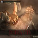 anthro asylum_demon balls blush bodily_fluids breasts dark_souls defeated demon digital_media_(artwork) duo english_text eyewear female fromsoftware fur game_over gameplay_mechanics genital_fluids genitals glasses gui hair health_bar hi_res kiss_mark kissing lagomorph leporid lipstick makeup male male/female mammal monster okali oral overweight penis rabbit sex size_difference sprrigs- text thick_thighs