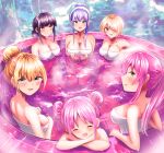  6+girls :d aikawa_megumi asakura_karen_(heaven_burns_red) atnamiret bath bathing black_hair blonde_hair blue_eyes blue_hair blush breasts brown_eyes cleavage closed_eyes collarbone double_bun green_eyes hair_bun hair_over_one_eye heaven_burns_red izumi_yuki_(heaven_burns_red) kayamori_ruka kunimi_tama large_breasts long_hair looking_at_viewer medium_breasts multiple_girls naked_towel onsen open_mouth partially_submerged pink_hair ponytail purple_hair short_hair siblings sidelocks single_hair_bun sisters smile steam toujou_tsukasa towel towel_on_head water yellow_eyes 