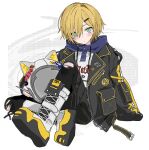  1boy animal_ear_helmet animal_ears animal_helmet arm_belt belt black_belt black_jacket black_leggings black_shorts blonde_hair blue_hood boots cat_ears closed_mouth clothes_writing drawstring fake_animal_ears full_body green_eyes hair_ornament hair_over_one_eye hairclip halftone halftone_background helmet highres holding holding_unworn_helmet hood hood_down hoodie jacket lace-up_boots lapels leggings lightning_bolt_print looking_at_viewer loose_belt male_focus multicolored_boots nijisanji no_headwear notched_lapels open_belt open_clothes open_jacket pocket print_hoodie riia_(riiakun) shoelaces short_hair shorts signature simple_background single_hair_intake sitting sleeves_past_fingers sleeves_past_wrists solo space_helmet sticker torn_clothes torn_leggings unworn_headwear unworn_helmet unzipped uzuki_kou uzuki_kou_(5th_costume) virtual_youtuber white_background white_boots white_helmet white_hoodie wolf_cut yellow_belt yellow_trim 