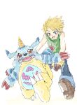  a11s320l55 animal_skin anthro bandai_namco belly blonde_hair blue_eyes blush claws clothing digimon digimon_(species) duo fur gabumon gloves hair handwear hi_res horn human male mammal matt_ishida red_eyes slightly_chubby striped_body striped_fur stripes 