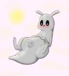 abdominal_bulge ambiguous_gender ambiguous_prey belly big_tail black_eyes black_nose black_sclera blush blush_lines duo feet feral hi_res looking_at_belly looking_surprised lying on_back pink_background prey_outline pupils rain_world russleblackheart simple_background slugcat spread_legs spreading squirming tail videocult vore white_body white_pupils