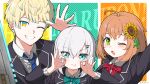  1boy 2girls :d :o :t ahoge apex_legends ars_almal blazer blonde_hair blue_eyes blue_hair blue_jacket blush bow bowtie brown_hair collared_shirt double_ok_sign flower green_eyes hair_between_eyes hair_flower hair_ornament hairclip hibachi_mana highres honma_himawari honma_himawari_(1st_costume) jacket long_sleeves looking_at_viewer multicolored_eyes multicolored_hair multiple_girls necktie nijisanji ok_sign one_eye_closed open_hand open_mouth parallel_hairclips portrait red_bow red_bowtie school_uniform shirt short_hair simple_background smile streaked_hair sunflower sunflower_hair_ornament tatami_kami teeth two-tone_eyes virtual_youtuber white_hair white_shirt yellow_eyes 