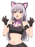  1girl absurdres animal_ear_hairband animal_ears bang_dream! blush breasts brown_eyes brown_gloves cat_ears claw_pose commentary fake_animal_ears gloves grey_hair hairband highres long_hair minato_yukina navel noshimurin open_mouth simple_background small_breasts solo stomach sweatdrop teeth upper_teeth_only white_background 