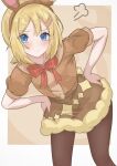  1girl absurdres alternate_costume animal_ears blonde_hair blue_eyes blush bow bowtie brown_background brown_hairband brown_pantyhose brown_shirt brown_skirt closed_mouth commentary_request eyelashes fake_animal_ears hair_ornament hairband hairclip hands_on_own_hips highres irida_(pokemon) leaning looking_at_viewer pantyhose pokemon pokemon_legends:_arceus puff_of_air red_bow red_bowtie shirt short_sleeves skirt solo xiaojie_(user_ehmf2842) 