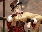  against_railing blonde_hair brown_corset brown_hat corset fengchuan_xiangma flower grey_sky hair_bun hand_on_own_face hat hat_feather head_tilt holding holding_flower kaihoukuukan_over_field mouth_hold railing red_flower red_rose rose shi_(over_field) shirt sky top_hat yellow_eyes yellow_shirt 