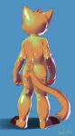  anthro biped blue_background brown_body brown_fur brown_toes butt faceless_anthro faceless_character faceless_male fur glistening glistening_arms glistening_butt glistening_ears glistening_legs head_tuft hi_res male orange_body orange_ears orange_fur orange_head_tuft orange_tail oselotti oselotti_(character) rear_view signature simple_background solo standing tuft 