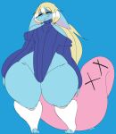 absurd_res alien alien_humanoid anthro bedroom_eyes black_sclera blonde_hair blue_sweatshirt blush clothing earthbound_(series) femboy footwear gieeg hair hi_res humanoid knee_highs knee_socks legwear male multicolored_body narrowed_eyes niiue nintendo pink_tail ponytail seductive sitruspuffy smile smirk socks solo tail thick_thighs two_tone_body voluptuous_anthro wide_hipped_male wide_hips