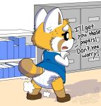 2022 aggretsuko ailurid anthro bodily_fluids bottomwear business clean_diaper clothed clothing dialogue diaper diaper_under_clothing exposed_diaper female hi_res mammal red_panda retsuko sanrio shadyadi skirt solo sound_effects stressed suit sweat sweatdrop upskirt working