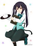  1girl bangs black_hair brown_eyes character_request commentary_request cosplay dress gochuumon_wa_usagi_desu_ka? green_dress hair_ornament highres k-on! long_hair long_sleeves mitya nakano_azusa open_mouth simple_background solo star_(symbol) tippy_(gochiusa) twitter_username white_background x_hair_ornament 