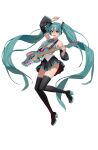  1girl alternate_breast_size_(larger) aqua_eyes aqua_hair aqua_necktie arm_up black_boots black_skirt black_sleeves boots breasts character_name collared_shirt detached_sleeves double-parted_bangs electric_guitar full_body grey_shirt guitar hair_between_eyes hair_ornament hashtag-only_commentary hatsune_miku high_heel_boots high_heels highres holding holding_guitar holding_instrument hongcasso instrument large_breasts long_hair looking_at_viewer miniskirt necktie number_tattoo open_mouth platform_boots pleated_skirt shirt shoulder_tattoo skirt sleeveless sleeveless_shirt smile solo sticker tattoo thigh_boots twintails very_long_hair vocaloid 