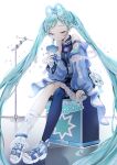  1girl absurdres aqua_nails blue_skirt braid braided_hair_rings closed_eyes closed_mouth crop_top earrings fei_cha hair_rings hatsune_miku heart heart_earrings highres holding holding_microphone jewelry long_hair long_sleeves magical_mirai_(vocaloid) magical_mirai_miku magical_mirai_miku_(2025) microphone microphone_stand nail_polish official_alternate_costume official_alternate_hairstyle single_earring single_thighhigh sitting skirt smile solo thighhighs toenail_polish toenails twintails very_long_hair vocaloid 