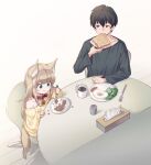  1boy 1girl 40hara animal_ear_fluff animal_ears black_hair cat_ears cat_girl cat_tail chair coffee_mug collar commentary_request cup eating egg_(food) eyebrows_visible_through_hair food fork green_eyes holding holding_food holding_spoon indoors kinako_(40hara) mug off_shoulder original oversized_clothes oversized_shirt plate sausage shirt short_hair smile spoon table tail tissue_box toast 