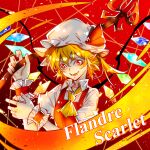  1girl ascot blonde_hair character_name collared_shirt crystal crystal_wings fang flandre_scarlet hat hat_ribbon highres laevatein_(touhou) looking_at_viewer mob_cap open_mouth puffy_short_sleeves puffy_sleeves red_eyes red_vest ribbon shirt short_hair short_sleeves side_ponytail smile solo touhou upper_body vest white_shirt wings wrist_cuffs yellow_ascot yuya_(euky8335) 