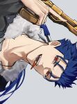  1boy blue_hair bullet_in_mouth cu_chulainn_(fate) cu_chulainn_(honkai:_star_rail)_(fate) cu_chulainn_(lancer)_(fate) earrings fate/stay_night fate_(series) fur-trimmed_jacket fur_trim gun hair_tubes highres holding holding_gun holding_weapon honkai:_star_rail honkai_(series) jacket jewelry long_hair looking_at_viewer male_focus mouth_hold open_mouth ponytail red_eyes sideways single_hair_tube smile solo tuna_sss15 weapon 